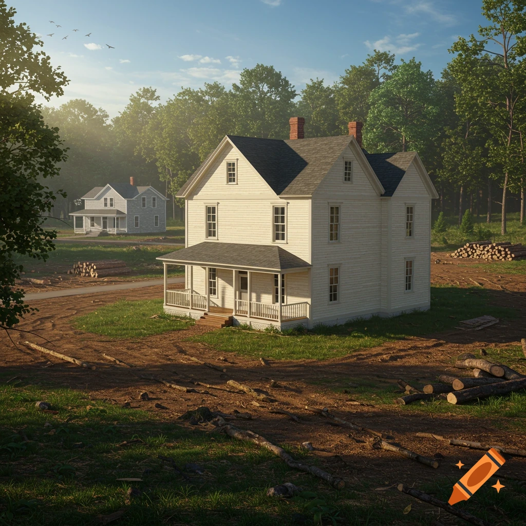 Photorealistic image of a white house on a cleared lot with cut logs, surrounded by trees under a sunny sky.