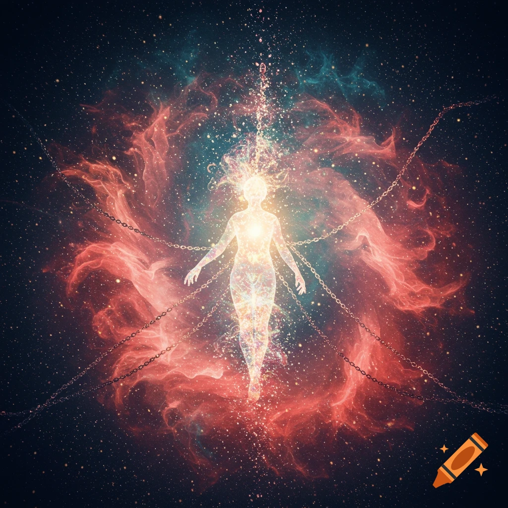Ethereal glowing human figure floating in a vibrant red and teal cosmic nebula with sparkling stars and chains.