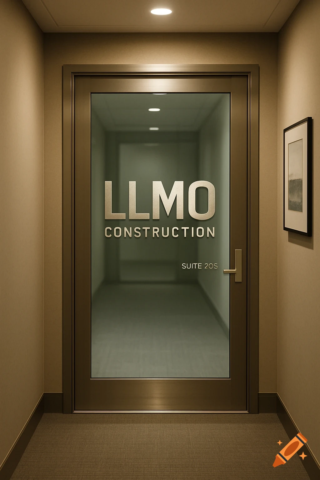 Photorealistic full view of a modern office door with 'LLMO CONSTRUCTION' and 'SUITE 20S' on the glass, in a brightly lit hallway.
