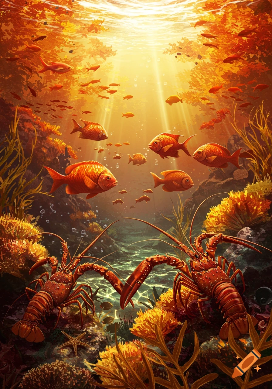 Vibrant underwater illustration with two lobsters forming a heart, surrounded by orange fish, coral, and sunbeams.