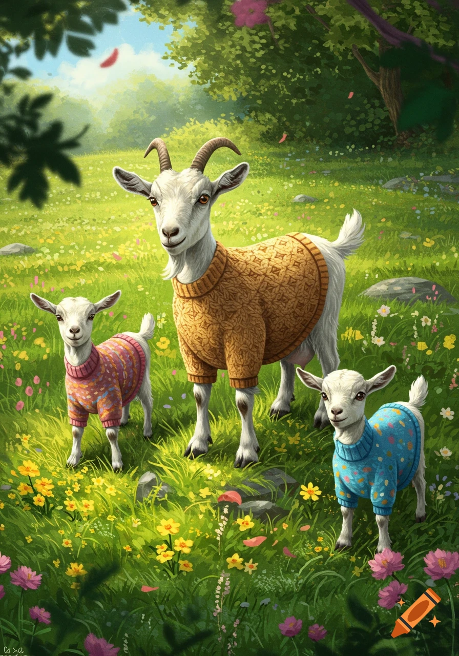 An adult goat and two baby goats wearing patterned sweaters stand in a vibrant, flowery green field with trees.