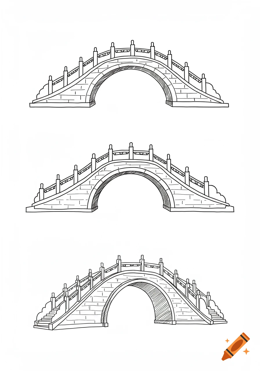Three simple black and white line drawings of Chinese arch bridges arranged vertically on a white background.