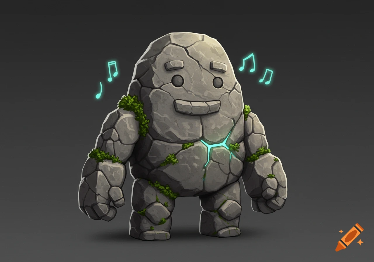 Cute, gray rock golem with moss, a glowing chest crack, and floating musical notes.