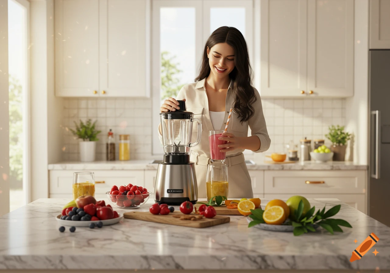 A smiling woman puts a lid on a blender, holding a glass of pink smoothie in a modern kitchen with fresh fruits.