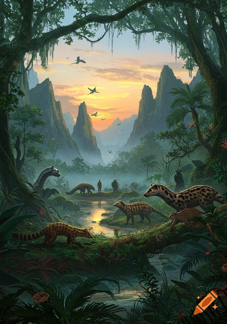 Detailed fantasy art of a lush prehistoric jungle with a river, mountains, diverse creatures, and a human at sunset.