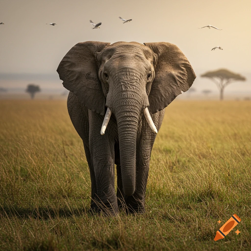 Photorealistic African elephant with tusks stands in a golden savanna with flying birds and distant trees.