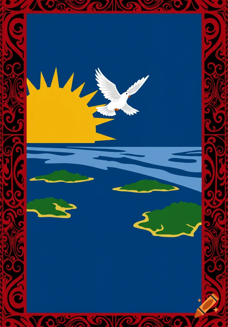 A stylized flag featuring a golden sun, white dove, and green islands on blue water, framed by red and black Polynesian patterns.