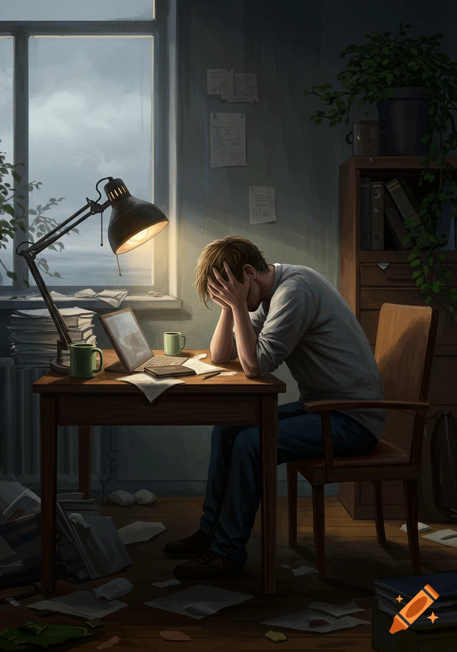 Man sits at a messy desk, head in hands under a desk lamp, appearing stressed and overwhelmed in a dimly lit room with a window.