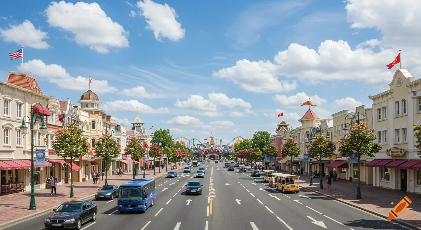 A wide, photorealistic boulevard with cars and people, flanked by colorful European-style buildings and trees, leading to an amusement park under a blue sky.