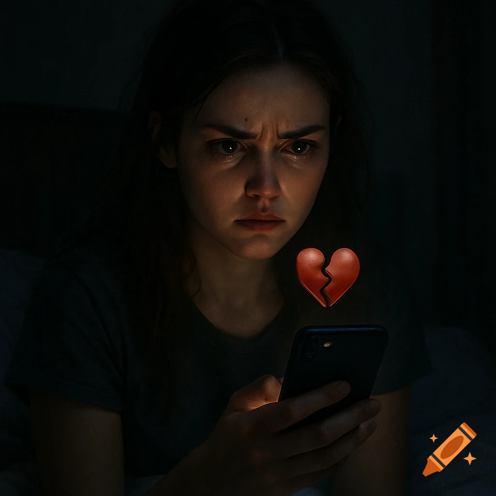 Young woman with a pained expression looks at her phone in dim light, a broken heart emoji floating above the screen, photorealistic.