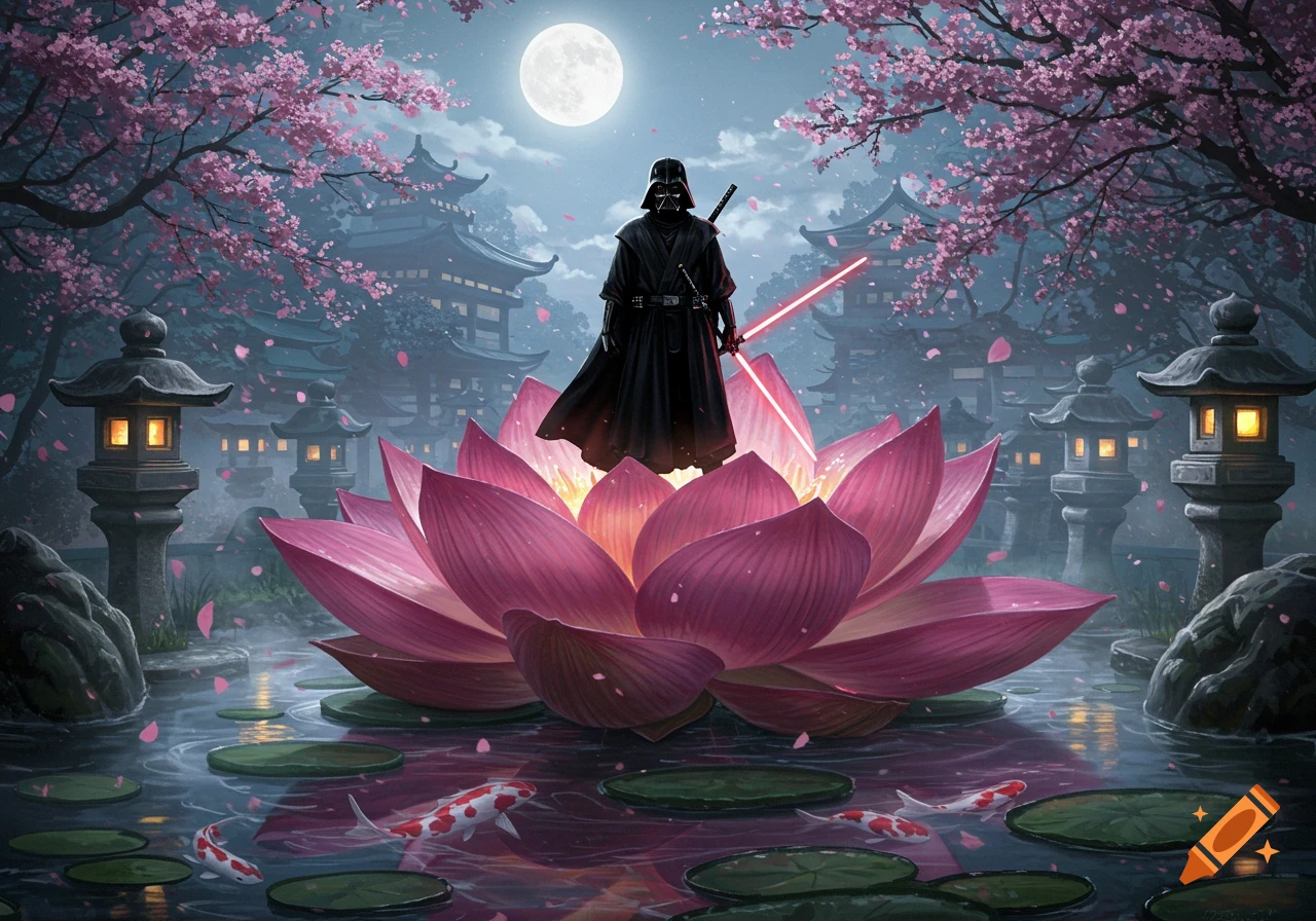 Darth Vader as a ninja stands on a glowing lotus flower in a moonlit Japanese garden with cherry blossoms, temples, and koi fish. Fantasy art.