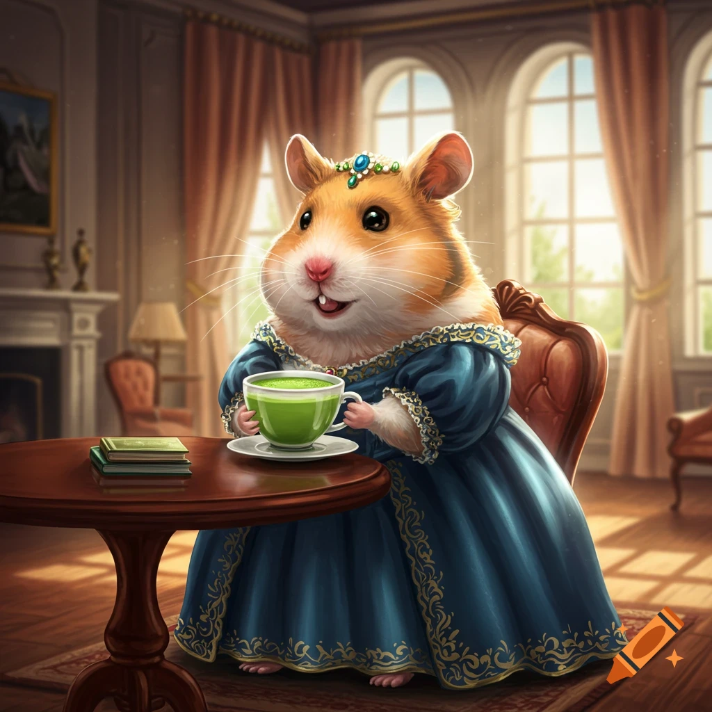 A cute, anthropomorphic hamster in a blue dress and tiara sips matcha at a table in an elegant room.