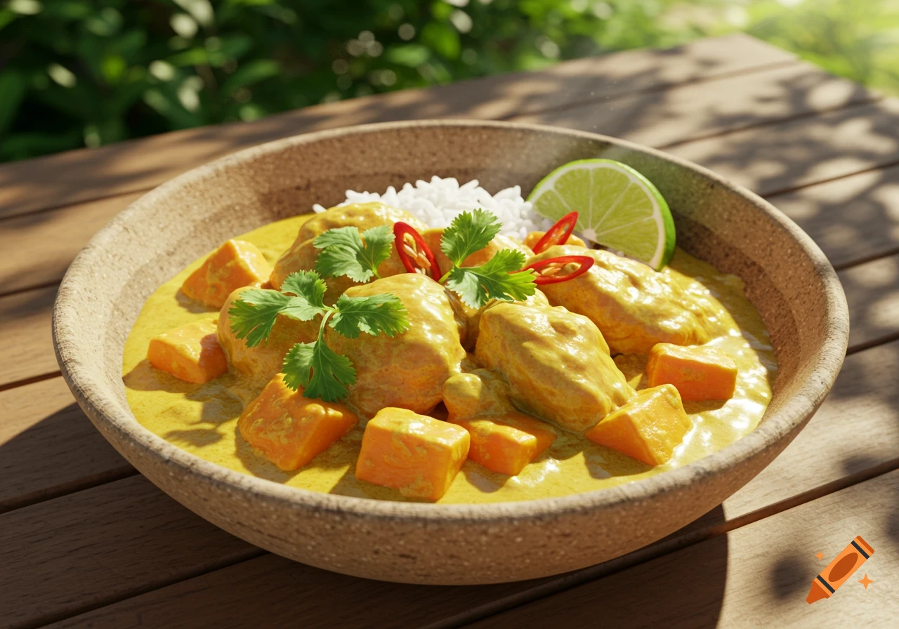 Photorealistic sweet potato and coconut chicken curry with rice, lime, and cilantro, in a bowl on a wooden table outdoors.