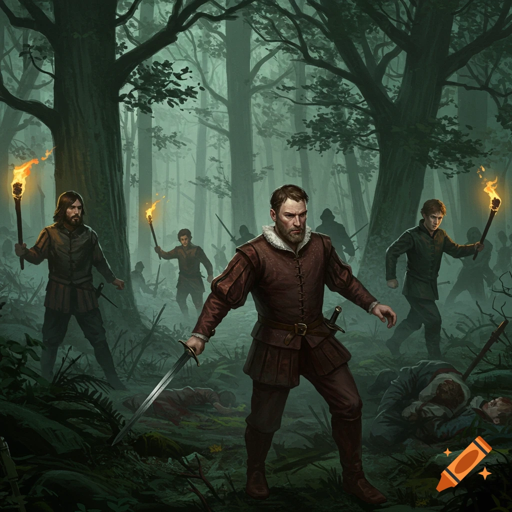 Stylized illustration of men with torches and swords ambushing others in a dark, misty forest, with bodies on the ground.