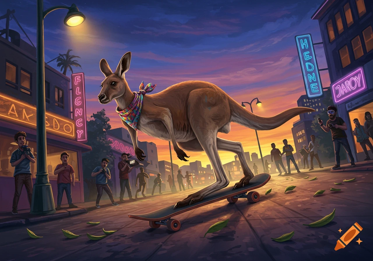 A whimsical illustration of a kangaroo in a colorful bandana skateboarding on a city street at sunset, with onlookers and neon signs.