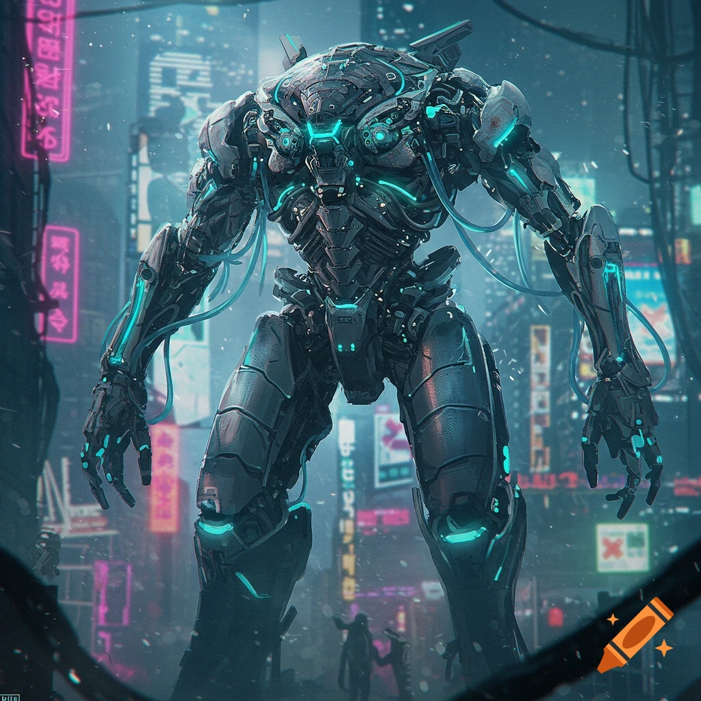 A giant, intricate cyberpunk mech with glowing blue lights stands in a futuristic, neon-lit city.