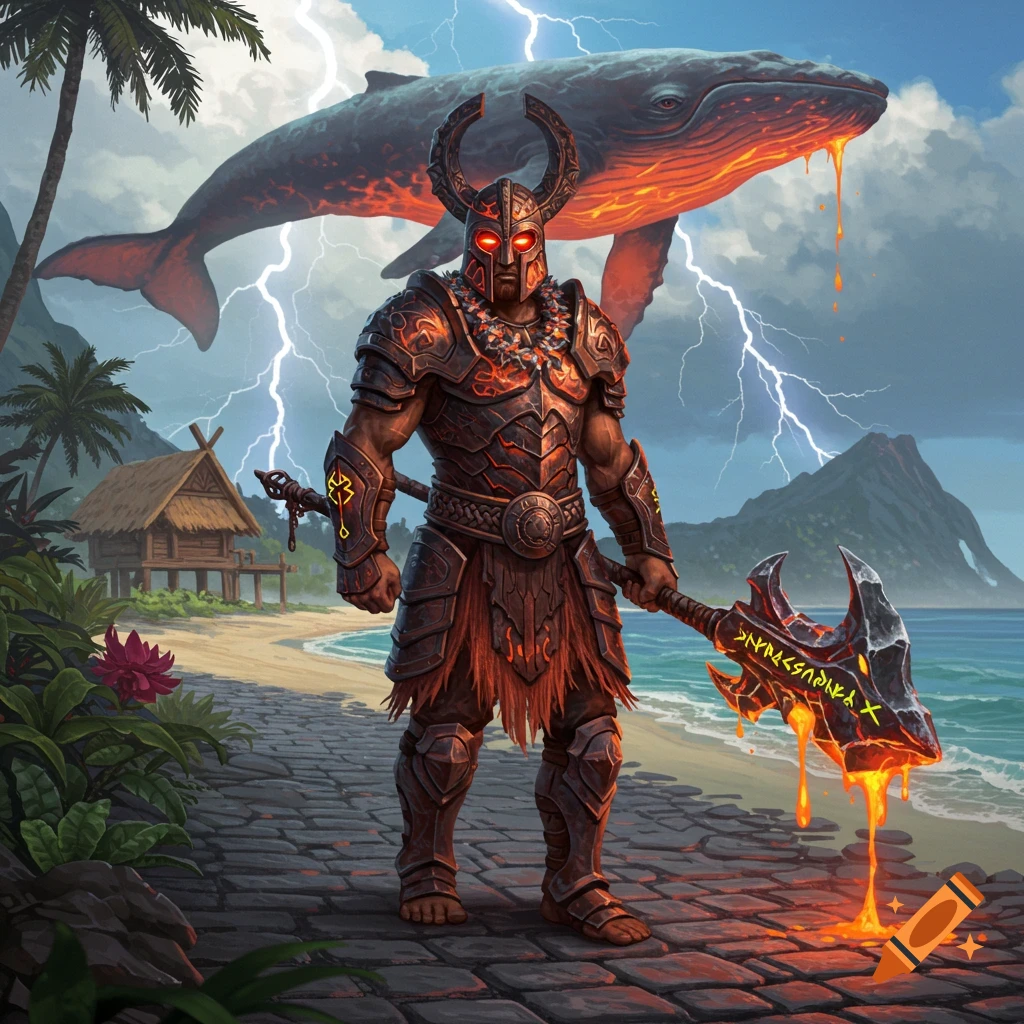 Epic armored warrior with glowing eyes and a lava axe on a tropical beach, with a flying lava whale and lightning.