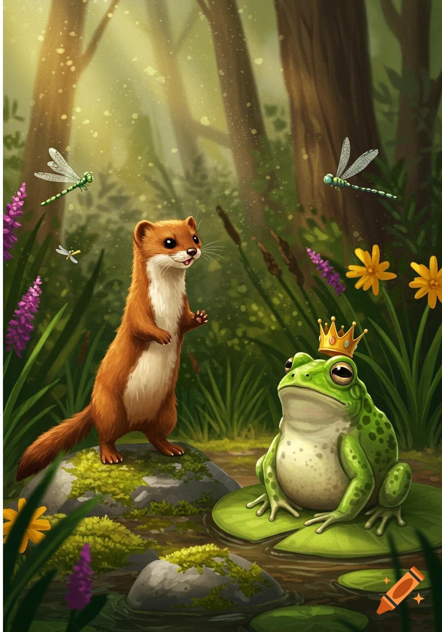A cute weasel on a mossy rock looks at a crowned frog on a lily pad in a magical forest with dragonflies.