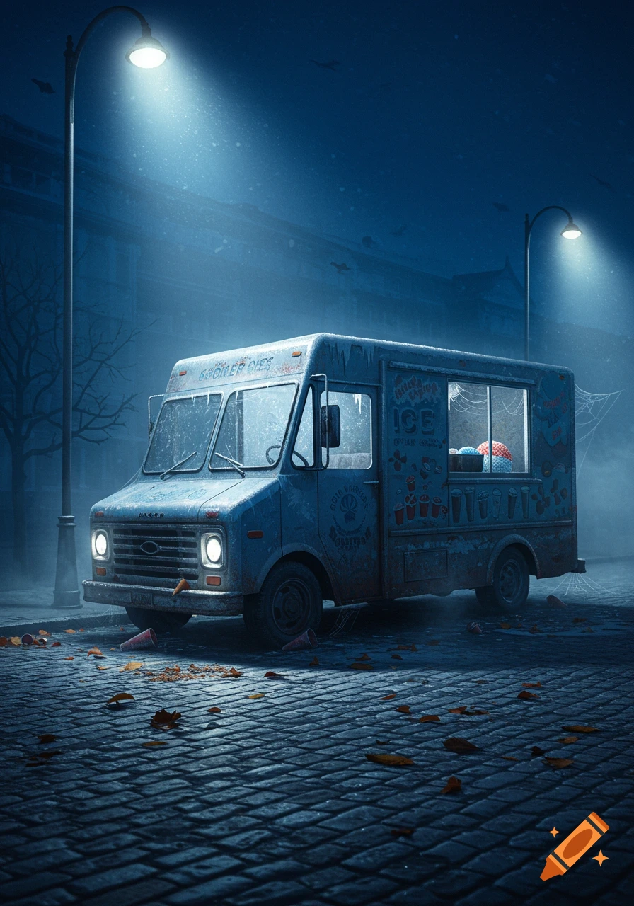 A rusty, frost-covered ice cream truck sits on a dark, wet cobblestone street under two glowing streetlights at night, with autumn leaves scattered around.