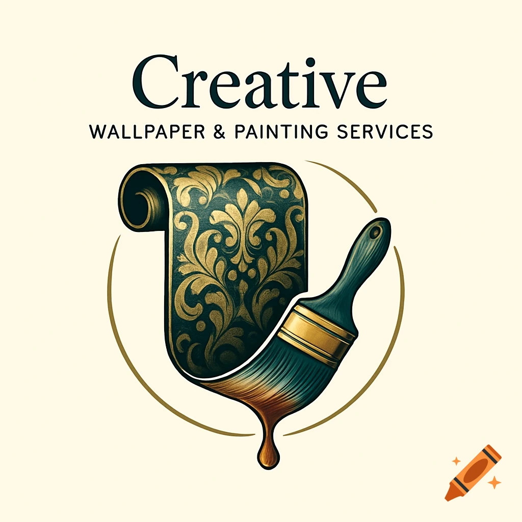 Logo for Creative Wallpaper & Painting Services with green and gold patterned wallpaper, a paintbrush, and dripping paint.