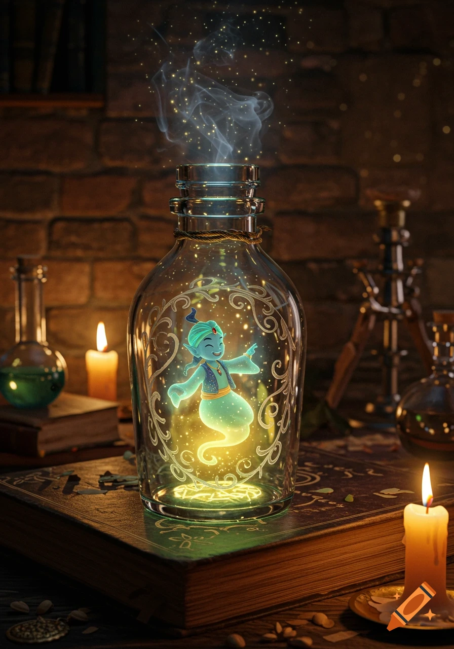 A cute, glowing blue genie in an ornate glass bottle on a mysterious book, surrounded by magic items and candles, with smoke rising.