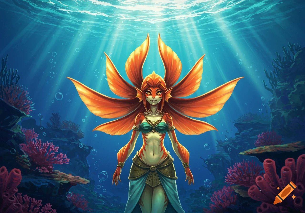 Illustrative female Zora-like creature with large orange fins and teal top, in a vibrant underwater scene with corals.