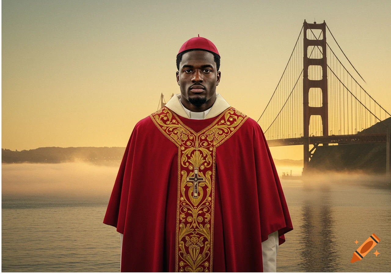 A Black man in a red and gold cardinal's robe and zucchetto stands before the Golden Gate Bridge at sunset.