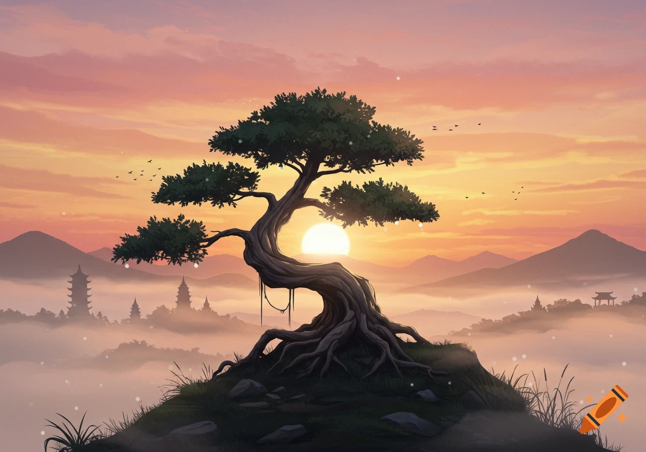 A stylized digital illustration of a gnarled tree on a misty hill with pagodas and mountains at sunset.