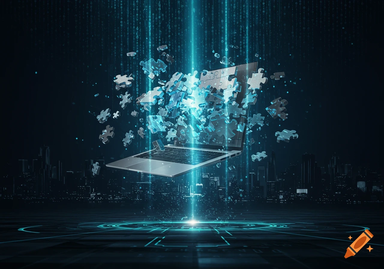 Laptop with glowing puzzle pieces and binary code, floating over a futuristic city skyline.