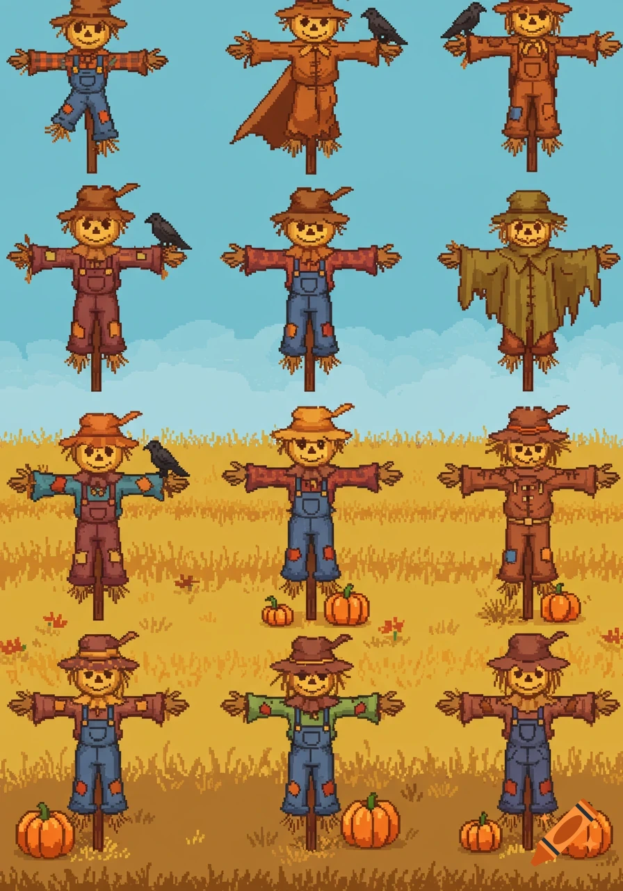 Pixel art sprite sheet featuring numerous scarecrows in a field with pumpkins and crows.