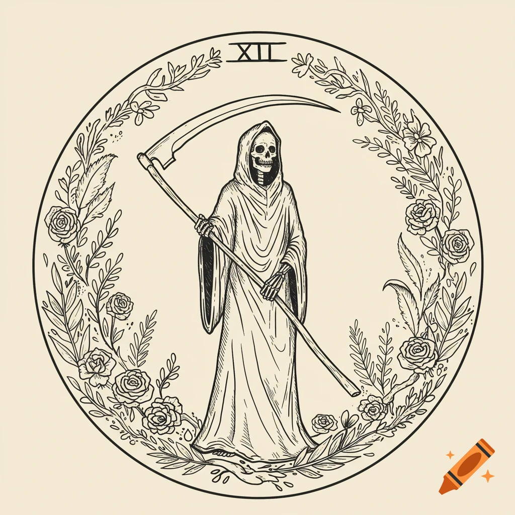 Line art illustration of the Grim Reaper holding a scythe, centered in a circular floral frame with the roman numeral XII at the top.