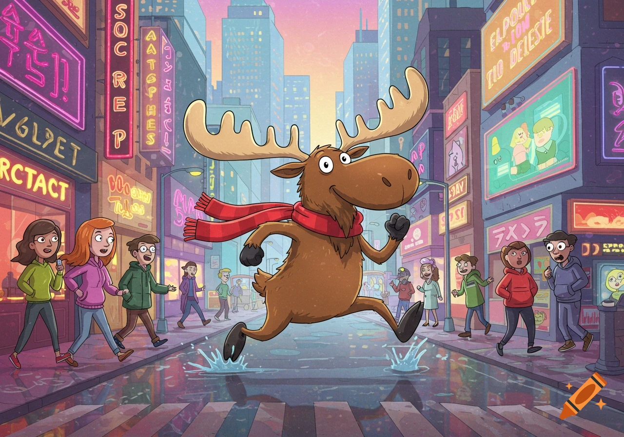 A cartoon moose wearing a red scarf runs through a neon-lit city street, splashing in puddles. People watch from the sidewalks.