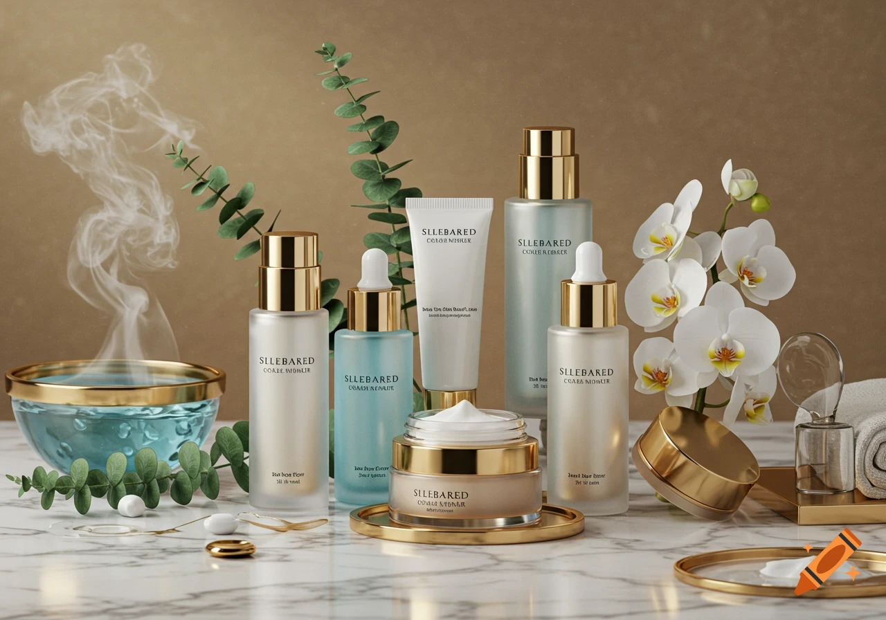 A collection of luxurious skincare products including bottles, jars, and tubes with gold accents, eucalyptus, orchids, and a bowl of steaming water on a marble surface.