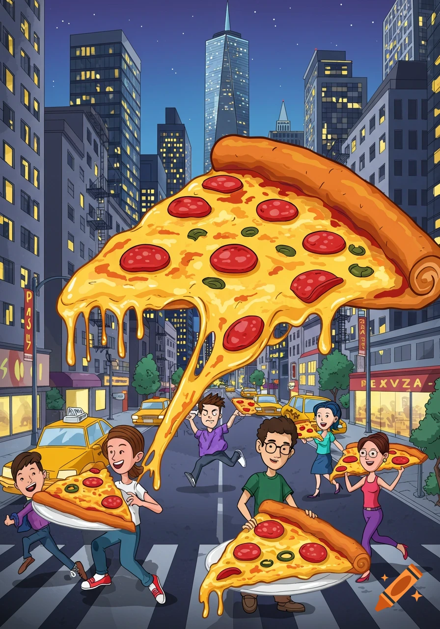A giant slice of pepperoni pizza drips cheese over a cartoon New York City street, as people run with smaller pizza slices.