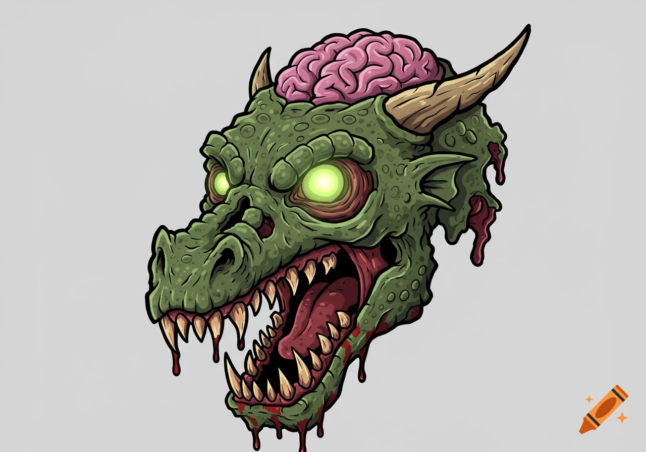 A cartoon zombie dragon head with an exposed pink brain, glowing green eyes, sharp teeth, and dripping blood.