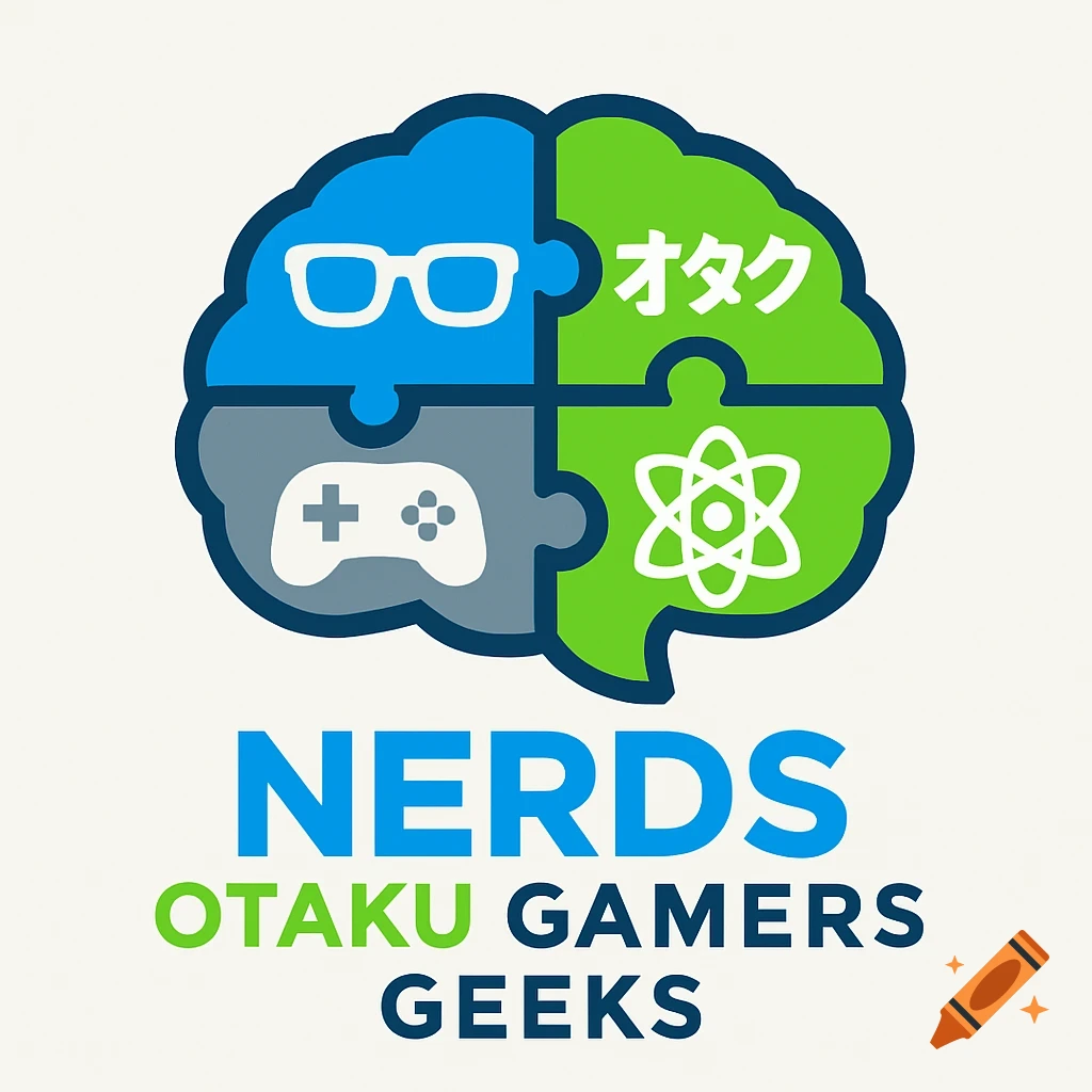 A colorful brain-shaped logo made of puzzle pieces with icons for glasses, Japanese 'Otaku' text, a game controller, and an atom. Text below reads 'NERDS OTAKU GAMERS GEEKS'.