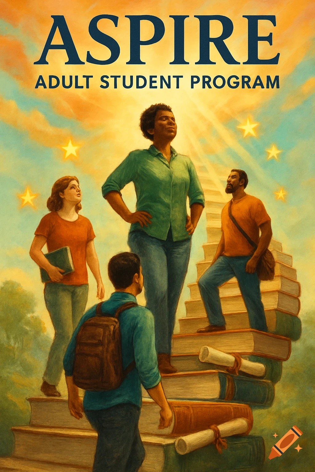 Four diverse adult students ascend stairs made of books under a bright, starry sky, with 'ASPIRE ADULT STUDENT PROGRAM' text above, in a painterly style.