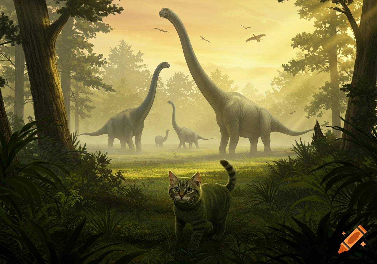 A tabby cat walks through a misty jungle with long-necked dinosaurs in the background, rendered in a realistic style.