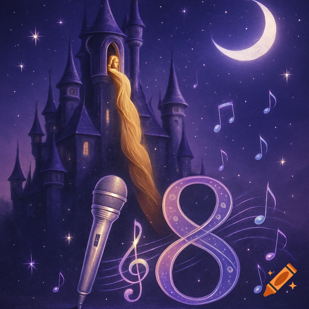 Purple fairytale castle at night with Rapunzel's hair from a window. Microphone and glowing number 8 of musical notes under crescent moon, starry sky.