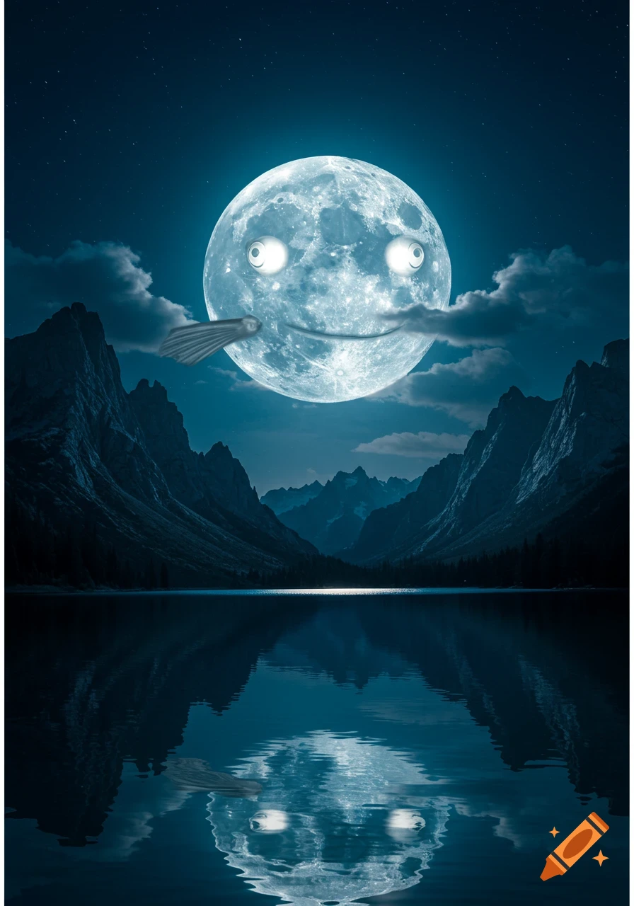 A smiling full moon with large eyes hangs over a dark mountain lake, reflecting its image, while a fish-like creature flies beside it.