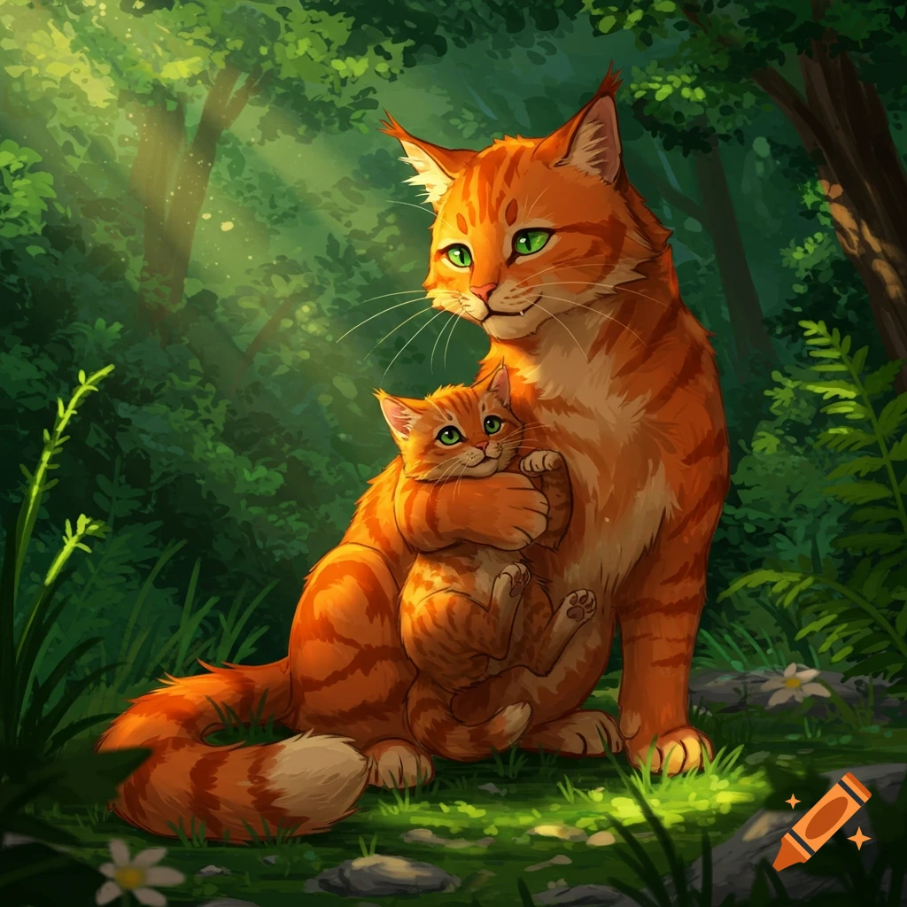An orange cat holds a kitten in a sunlit forest clearing, in an animated style.