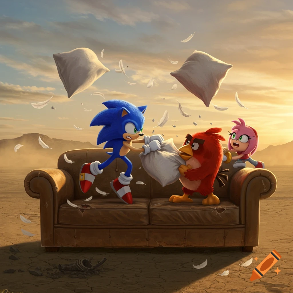 Sonic the Hedgehog and Red from Angry Birds have a chaotic pillow fight on a brown couch in a vast desert at sunset, with feathers flying and Amy Rose looking on, surprised. Stylized cartoon art.