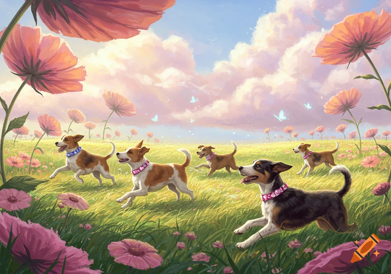 Happy dogs run through a vibrant field of tall pink and orange flowers under a cloudy sky with butterflies, painted style.