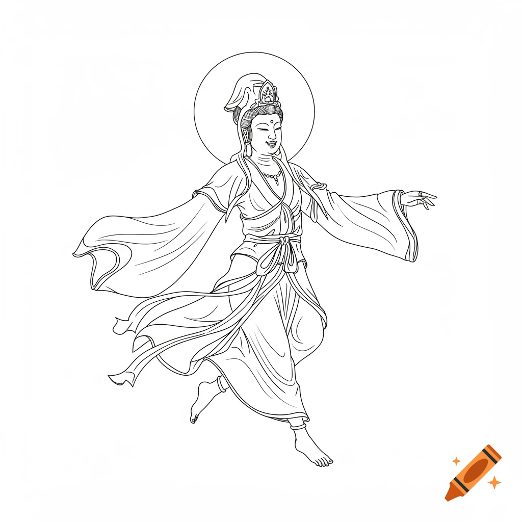 A line drawing of the Buddhist deity Guanyin, with flowing robes and a halo, skipping happily on a white background.