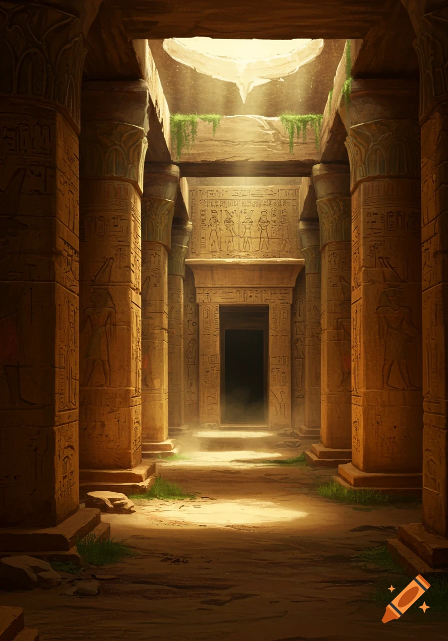 Sunlight streams through an opening into a vast, ancient Egyptian-style stone temple with towering carved pillars and an entrance at the far end.