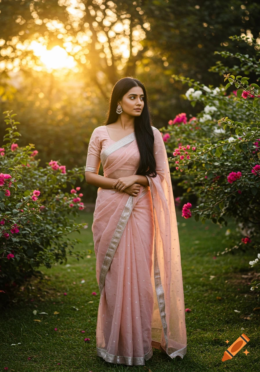 Photorealistic image of an Indian woman with long black hair wearing a blush pink sheer saree with silver border, standing in a sunny garden.