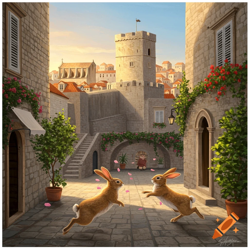 Two brown rabbits hop in a stone alleyway scattered with pink petals, surrounded by historic stone buildings and a tower in an illustration.