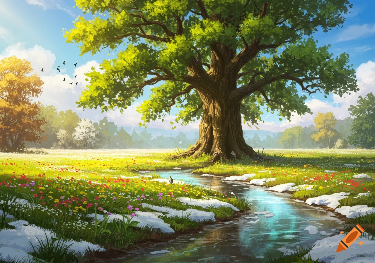 A vibrant landscape featuring a large, old tree in a meadow with colorful flowers, a stream, and patches of snow under a bright blue sky.