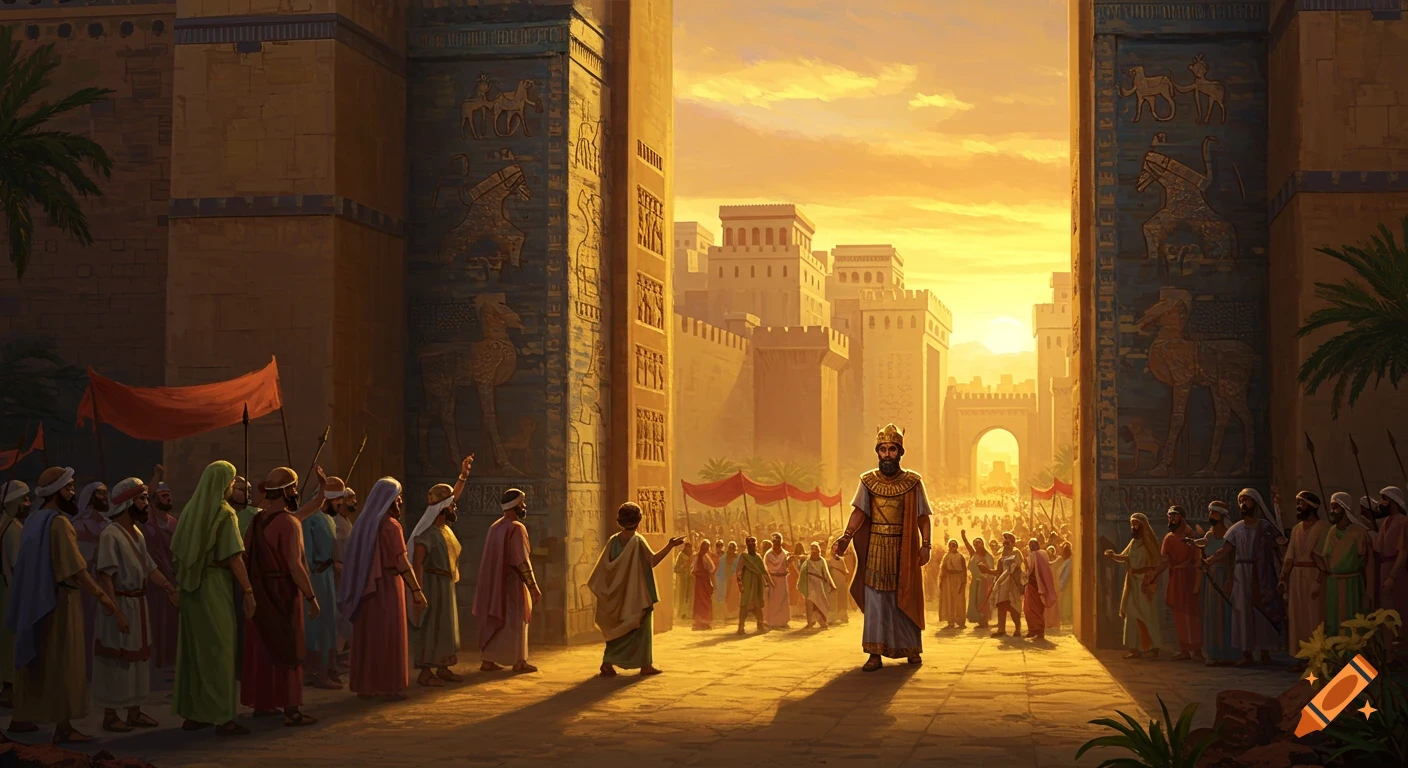 A painterly scene of Cyrus the Great in regal attire triumphantly entering ancient Babylon's monumental gates at sunset, greeted by a cheering crowd.