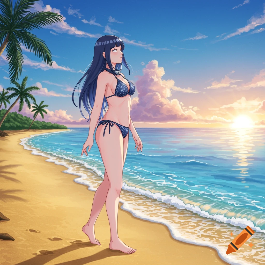 An anime character, Hinata Hyuga, walks on a sandy beach by the ocean during sunset, wearing a blue bikini.
